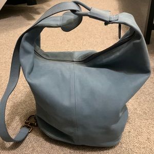 Blue suede Sundance Catalog bucket purse